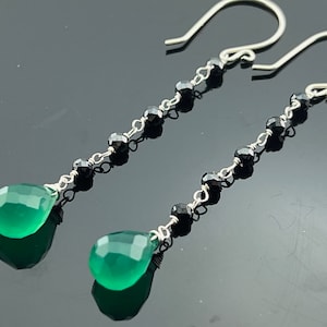 Green Onyx & Black Pyrite Earrings • 925 Sterling Silver or 14K Gold Filled • Green Gemstone Dangles • Gift for Her
