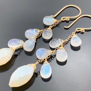 White Pearl Chalcedony & Rainbow Moonstone Cascade Earrings · 14K Gold Filled or Sterling Silver · Long Dangle Gift Jewelry
