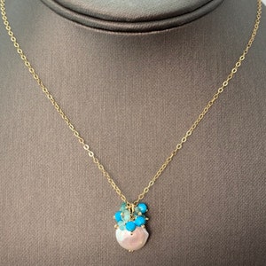 White Coin Pearl Turquoise Apatite Necklace · 14K Gold Filled or Sterling Silver · Handmade Beach Jewelry Gift for Her