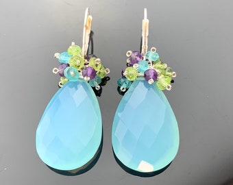 アクアブルーカルセドニー＆レインボームーンストーンイヤリング・925