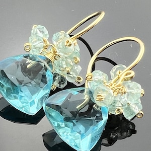 Topaze bleu ciel, quartz et aigue-marine · Boucles d'oreilles coupées en milliards de dollars · Rempli d'or 14 carats · Pendentifs bleus élégants · Cadeau fait main pour elle