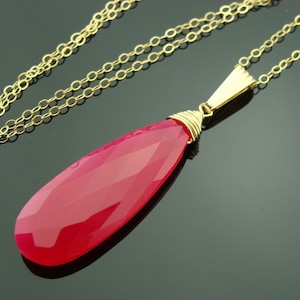 Hot Pink Chalcedony Pendant Necklace · 14K Gold Filled or Sterling Silver · Bright Gemstone Jewelry · Dainty Gift for Her