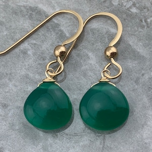 Petite Green Onyx Drop Earrings · 14K Solid Yellow Gold · Smooth Gemstone Dangles · Minimalist Jewelry Gift for Her