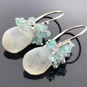 Rainbow Moonstone & Aquamarine Cluster Earrings · 925 Sterling Silver or 14K Gold Filled · Handmade Gemstone Gift for Her