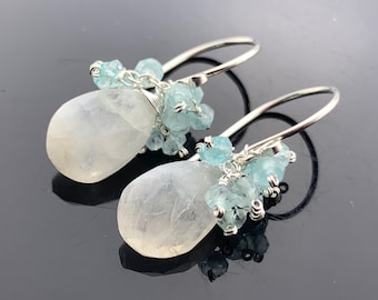 Rainbow Moonstone & Aquamarine Cluster Earrings · 925 Sterling Silver or 14K Gold Filled