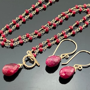 Genuine Ruby Jewelry Set • 14K Gold Filled Earrings & Toggle Necklace • Red Gemstone Gift • July Birthstone Jewelry • Gift for Her