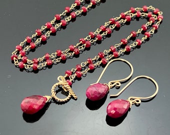 Genuine Ruby Jewelry Set • 14K Gold Filled Earrings & Toggle Necklace