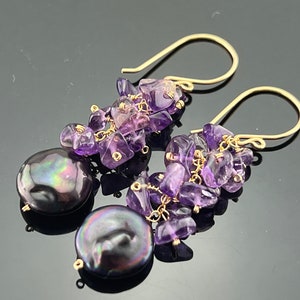 Peacock Coin Pearls and Amethyst · Cluster Earrings · 14K Gold Filled or 925 Silver · Purple Gemstone Jewelry · Gift for Her · Handmade