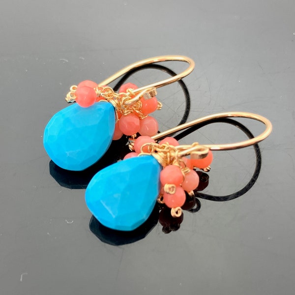 Turquoise and Coral 14K Gold Filled Beach Cluster Earrings