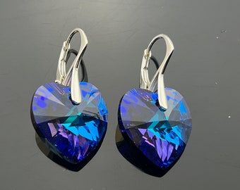 Swarovski Crystal Purple Heliotrope Heart Earrings · 925 Sterling Silver Leverback · Sparkly Gift for Her · Handmade Jewelry