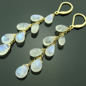 Genuine Rainbow Moonstone Cascade 14K Gold Filled Leverback Long Earrings  Gift