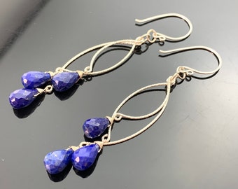 Long Lapis Lazuli Chandeliers 925 Sterling Silver Earrings  Gift