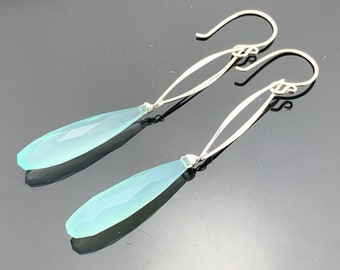 Long Aqua Blue 925 Sterling Silver Chalcedony Earrings