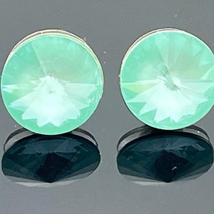 Soft Mint Swarovski Stud Earrings · 12mm Rivoli Crystals · 925 Sterling Silver Posts · Crystal Gift for Her