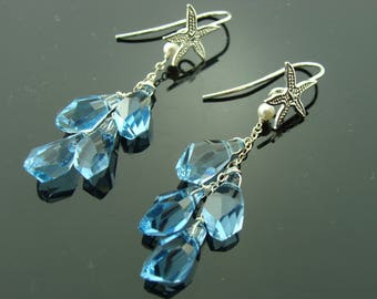 925 Sterling Silver Swarovski Crystal Aquamarine Beach Starfish Earrings  Gift