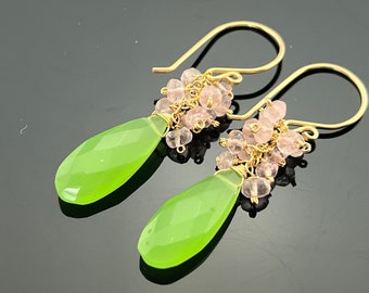 Lime Green Chalcedony and Rose quartz 14K Gold Filled or 925 Sterling Silver Earrings  Gift