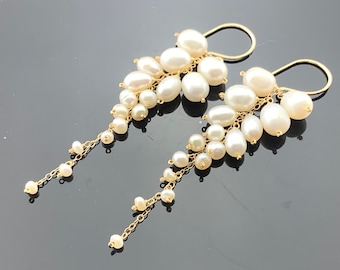 White Freshwater Pearls 14K Gold Filled Cascade Earrings Gift