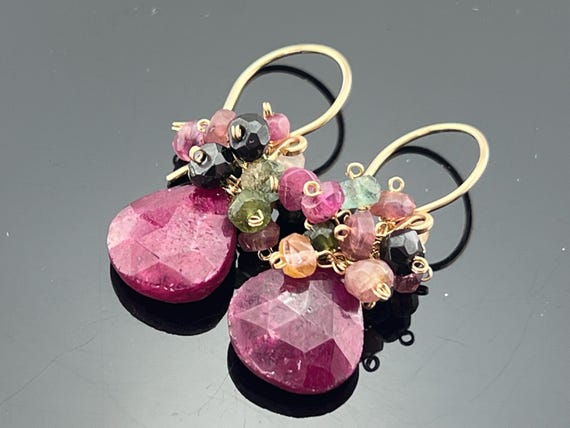 Ruby & Watermelon Tourmaline · 14k Gold Filled Cluster Earrings · Vibrant Handmade Jewelry