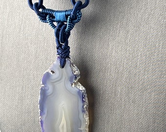 Purple Agate Slice Necklace • Blue Silk Cord Geode Pendant • Natural Gemstone Jewelry • Boho Statement