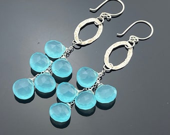 Long Aqua Blue Chalcedony Quartz Cascade 925 Sterling Silver Earrings  Gift