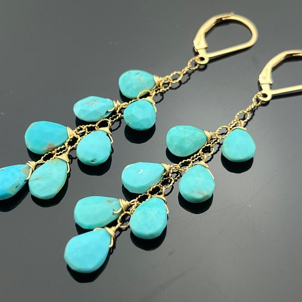 Genuine Arizona Turquoise Faceted Drops 14K Gold Filled Leverback Cascade Earrings  Gift