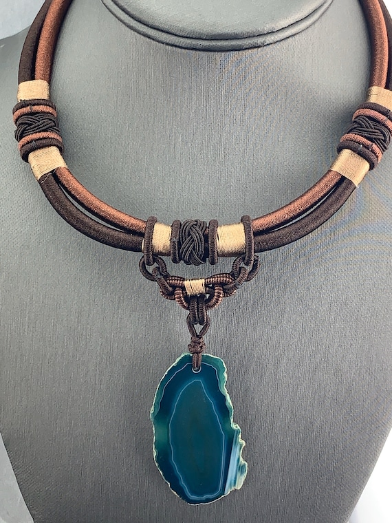 Blue Agate Slice Necklace · Natural Stone Pendant · Silk Cord Jewelry · Minimalist Boho Gemstone Necklace · Handmade Gift for Her