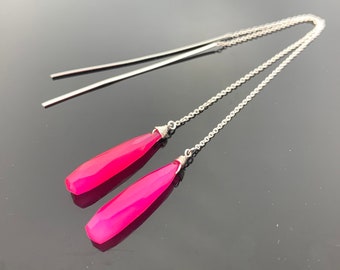 Long Hot Pink Chalcedony 925 Sterling Silver Ear Threads Threaders Earrings