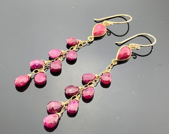 Long Ruby Cascade Earrings · 14K Gold Filled · Dangle Earrings · July Birthstone