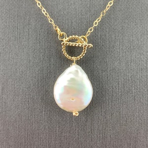 White Coin Freshwater Pearl 14K Gold Filled Toggle Necklace