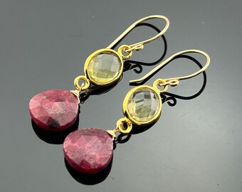 Ruby and Lemon Quartz 14K Gold Filled Dangle Earrings  Gift