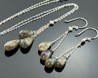 Genuine Flash Labradorite Freshwater Pearl 925 Sterling Sliver Gemstone Necklace and Earrings Set  Gift