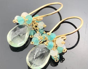Green Amethyst Drop Earrings • 14K Gold Filled, Apatite & Moonstone