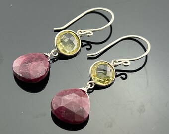 Ruby and Lemon Quartz 925 Sterling Silver Dangle Earrings  Gift