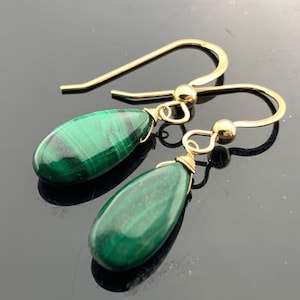 Malachite Smooth Drop Earrings · 14K Solid Yellow Gold · Rich Green Gem Gift · Handmade Luxe Jewelry for Her