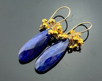 Blue Sapphire and Golden Pyrite 14K Gold Filled Cluster Earrings Gift