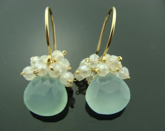 Aqua Blue Chalcedony and White Pearl Chalcedony Cluster 14K Gold Filled or Sterling Silver Earrings  Gift
