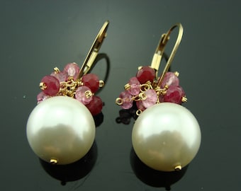 Witte South Seashell-parels Robijn en roze topaas 14K gold filled sterlingzilveren leverback-oorbellen
