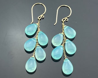Smooth Aqua Blue Chalcedony Cascade 14K Gold Filled or 925 Sterling Silver Earrings  Gift