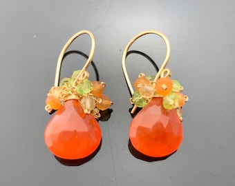 Carnelian Citrine Peridot Cluster Earrings · 14K Gold Filled or Sterling Silver