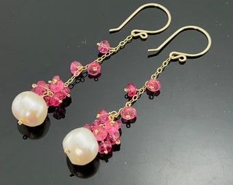 Long White Freshwater Pearls and Pink Topaz 14K Gold Filled Earrings  Gift
