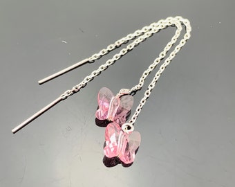 Swarovski Crystal Pink Butterfly Sterling Silver Ear Threads Threaders Earrings Gift