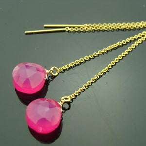 Hot Pink Chalcedony Threader Earrings · 14K Gold Filled · Long Dangle Ear Threads · Handmade Gemstone Jewelry Gift for Her