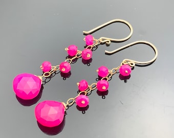 Hot Pink Chalcedony Cascade 14K Gold Filled or Sterling Silver Earrings  Gift