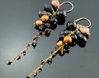 Black Onyx Smoky Quartz Freshwater Pearl Crystal 14K Gold Filled Long Dangle Earrings  Gift