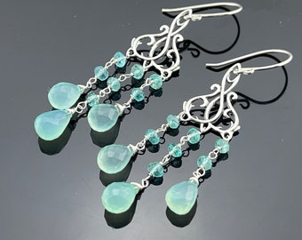 Aqua Blue Chalcedony Apatite Chandeliers 925 Sterling Silver Earrings  Gift