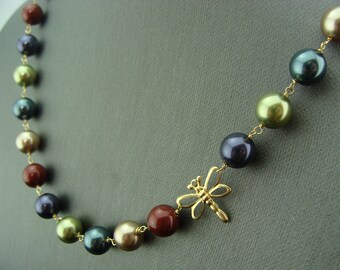 Multi Swarovski Crystal Pearl Dragonfly 14K Gold Filled Necklace and Earrings Set  Gift