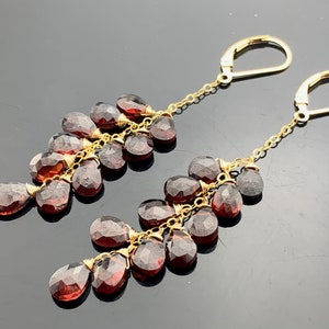 Long Garnet Drops · 14K Gold Filled Leverback Cascade Earrings · January Birthstone Jewelry · Deep Red Gemstone Gift for Her