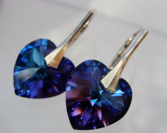 Swarovski Purple Heart Crystal Earrings · 925 Sterling Silver Leverbacks · Romantic Gift for Her · Elegant Sparkly Jewelry · Bridesmaid Gift