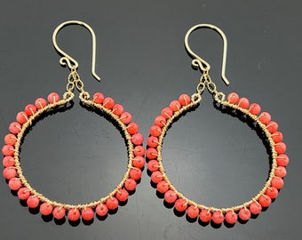 Pink Coral Hoops 14K Gold Filled Earrings Gift