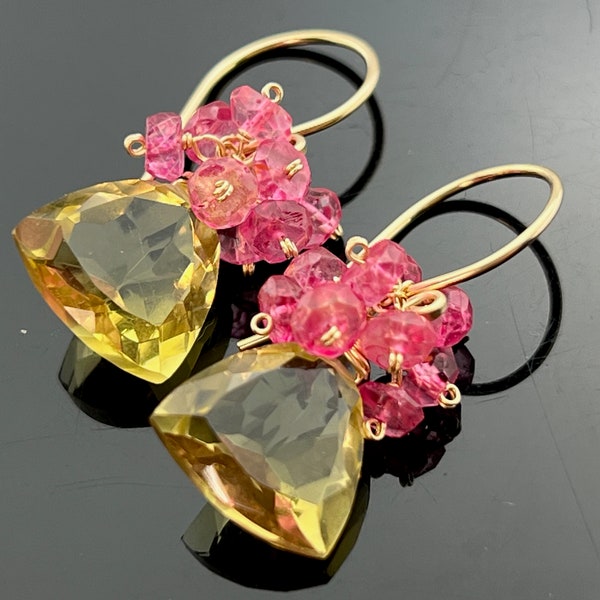 Trillion Cut Lemon Quartz and Pink Topaz 14K Gold Filled or 925 Sterling Silver Earrings  Gift